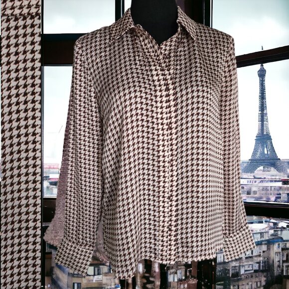 NWT ECRU XS Houndstooth Silky Button Up Blouse - Picture 1 of 10